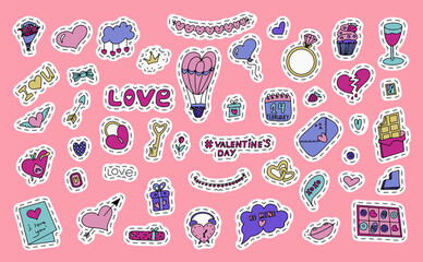 Big doodle set of icons for Valentine s day. Vector colorful illustration for the holiday on February 14. Hand draw set for romance, wedding, date, invitation, greeting card, love. Icons for banners