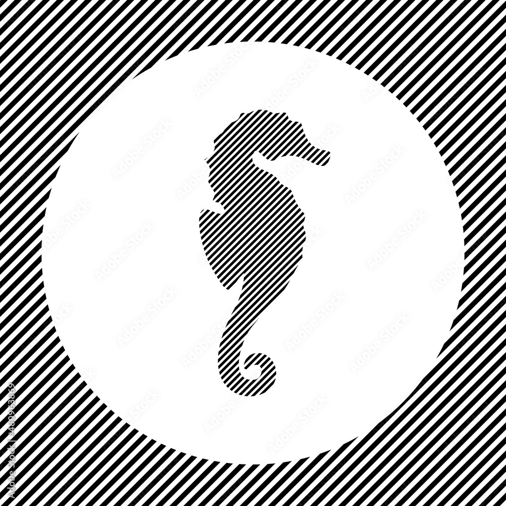 Poster a large sea horse symbol in the center as a hatch of black lines on a white circle. interlaced effec