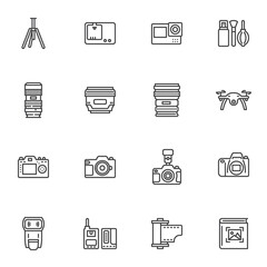 Camera equipment line icons set