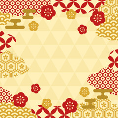 和柄の雲と鱗模様の背景　正方形　イエロー　梅の花