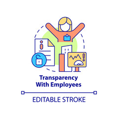 Transparency with employee concept icon. Responsible company business abstract idea thin line illustration. Isolated outline drawing. Editable stroke. Roboto-Medium, Myriad Pro-Bold fonts used