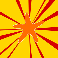 Starfish symbol on a background of red flash explosion radial lines. The large orange symbol is located in the center of the sun, symbolizing the sunrise. Vector illustration on yellow background