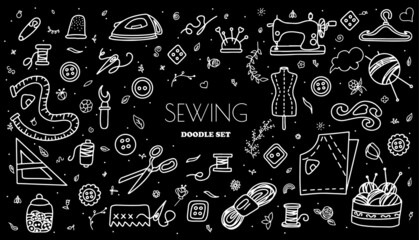 Big vector doodle sewing set. Vector tailoring tools icons. Sewing mannequin, machine, measuring and cutting supplies, Black outline. Sketch with professions