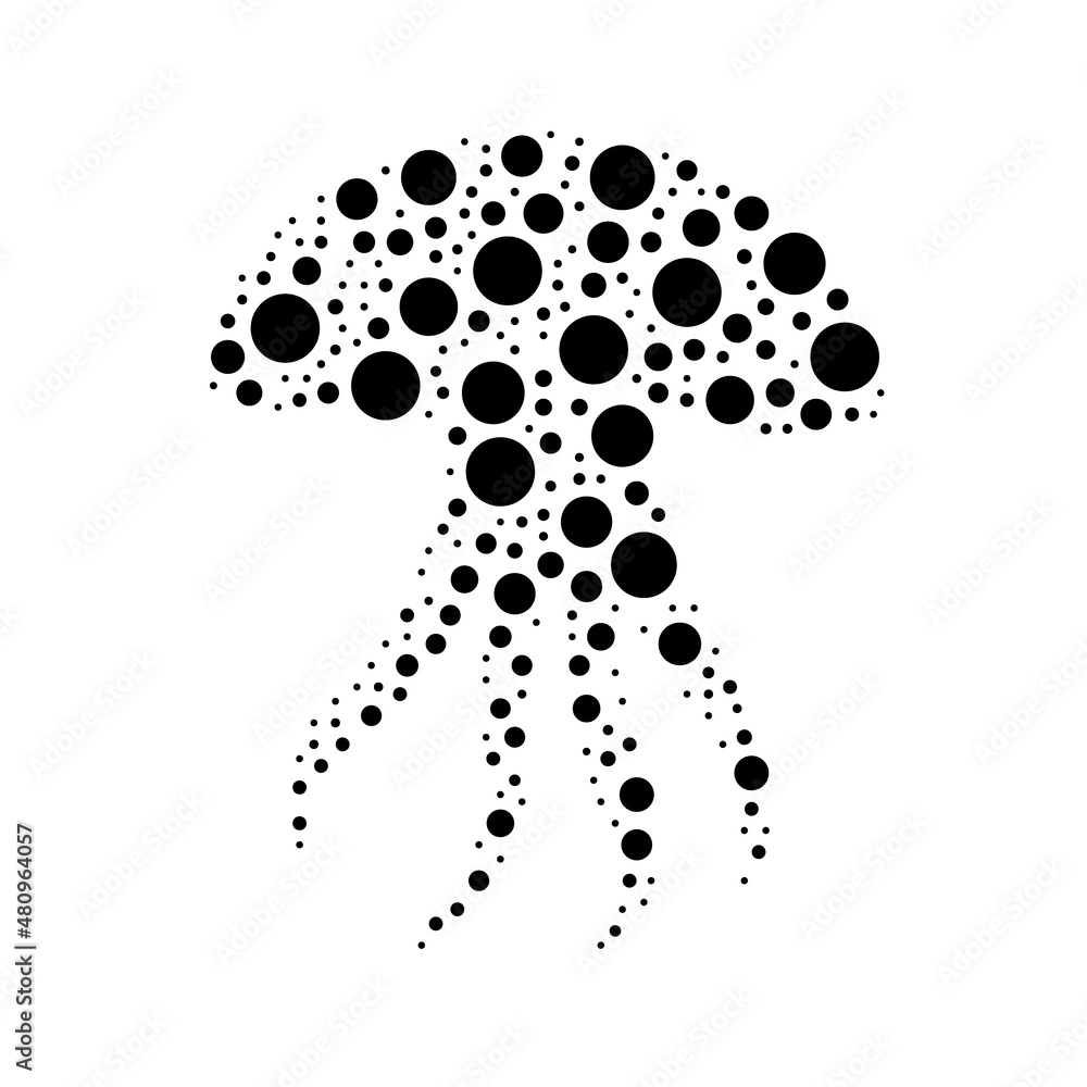 Poster a large jellyfish symbol in the center made in pointillism style. the center symbol is filled with b
