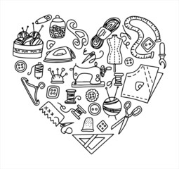 Vector doodle sewing set with heart and love. Vector tailoring tools icons. Sewing mannequin, machine, measuring and cutting supplies, Black outline. Sketch with professions