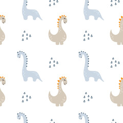 Dinosaur cute kids boy seamless pattern. Little cute dinos. Vector illustration. Baby dino scandinavian style. Doodle funny animals design for childish textile