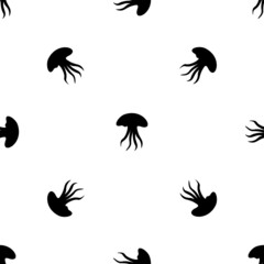 Seamless pattern of repeated black jellyfish symbols. Elements are evenly spaced and some are rotated. Vector illustration on white background