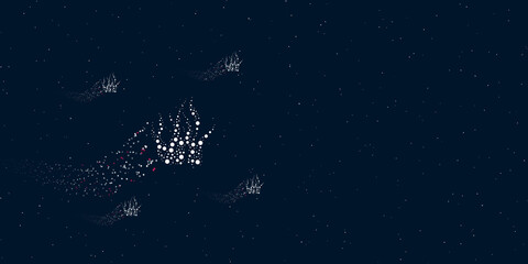 Fototapeta na wymiar A seaweed symbol filled with dots flies through the stars leaving a trail behind. Four small symbols around. Empty space for text on the right. Vector illustration on dark blue background with stars