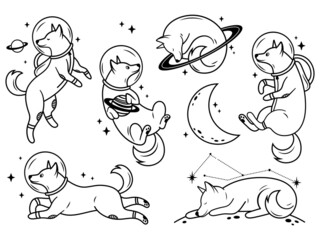 Set of space dog. Collection of dog with planets and star. Puppy travel into space. Vector illustration of cosmic pets in galactic. © panaceaart