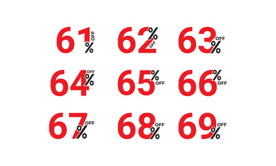 Discount sale off tag, 61, 62, 63, 64, 65, 66, 67, 68 and 69 percent off. Sale tags set vector badges template. Sale offer price sign. Special offer symbol. Discount promotion. Vector illustration
