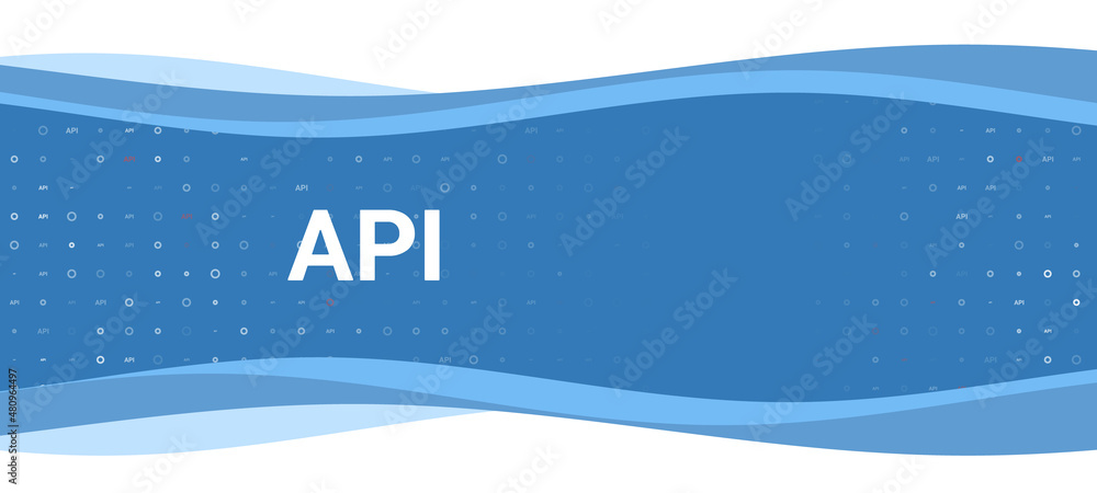Poster blue wavy banner with a white api symbol on the left. on the background there are small white shapes