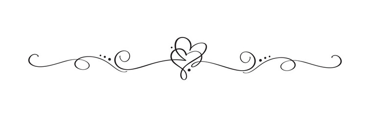Vintage Flourish Vector divider Valentines Day Hand Drawn Black Calligraphic two Hearts. Calligraphy Holiday illustration. Design valentine element. Icon love decor for web, wedding - obrazy, fototapety, plakaty