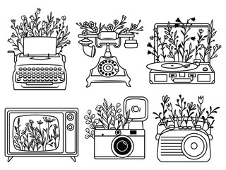 Set of floral vintage technology. Collection of old technic with flower retro telephone, vinyl technology, typewriter, radio boombox, etc. Vector illustration of old technic with flowers wreath.
