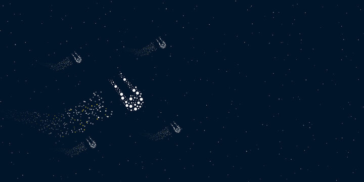 A solo bobsleigh symbol filled with dots flies through the stars leaving a trail behind. There are four small symbols around. Vector illustration on dark blue background with stars