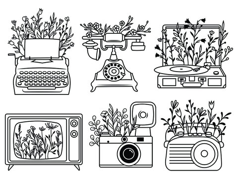Set of floral vintage technology. Collection of old technic with flower retro telephone, vinyl technology, typewriter, radio boombox, etc. Vector illustration of old technic with flowers wreath.