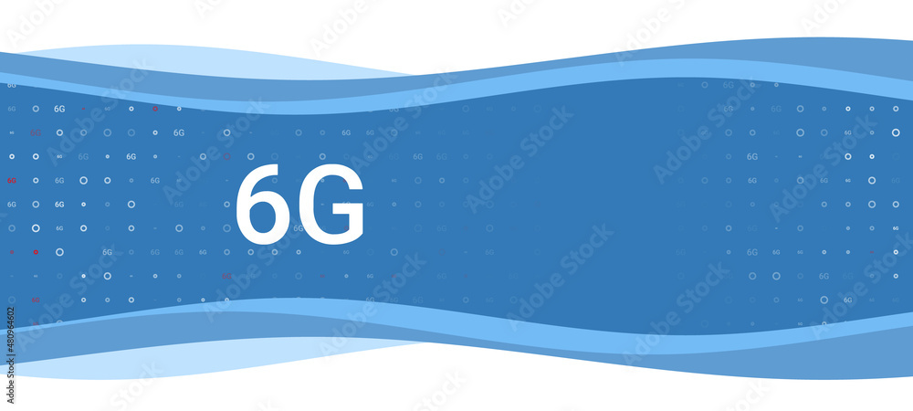 Poster blue wavy banner with a white 6g symbol on the left. on the background there are small white shapes,