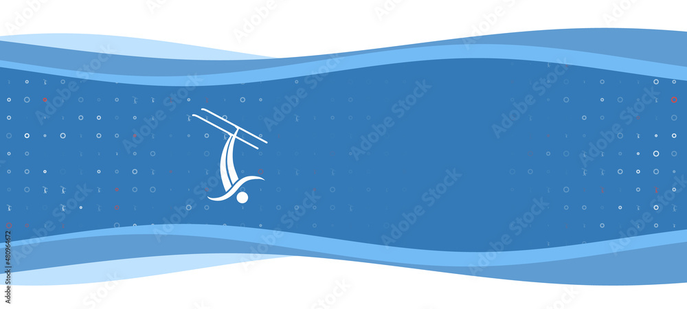 Poster Blue wavy banner with a white freestyle skiing symbol on the left. On the background there are small white shapes, some are highlighted in red. There is an empty space for text on the right side