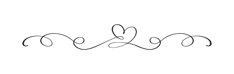 Vintage Flourish Vector divider Valentines Day Hand Drawn Black Calligraphic Heart. Calligraphy Holiday illustration. Design valentine element. Icon love decor for web, wedding