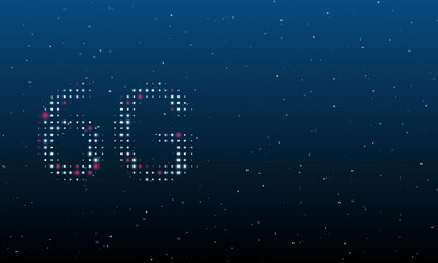 On the left is the 6G symbol filled with white dots. Background pattern from dots and circles of different shades. Vector illustration on blue background with stars