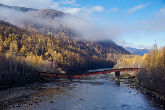 Destroyed bridge across the river in the Trans Baikal Territory