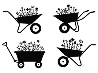 Set of flower garden cart. Collection of wheelbarrow with flower bouquets. Working tool for gardening. Agricultural tool for transporting plants. Gardening.  Vector illustration of harvest harvesting. - obrazy, fototapety, plakaty