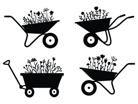 Set of flower garden cart. Collection of wheelbarrow with flower bouquets. Working tool for gardening. Agricultural tool for transporting plants. Gardening.  Vector illustration of harvest harvesting.