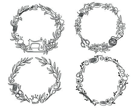 Set of sewing round frame. Collection of flower sewing frame with thread, needles, centimeter. Threads tools for embroidery. Floral sewing sleeve. Vector illustration of sewing supplies.