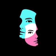 Line art of beautiful woman's face portrait with double exposure style. Vector illustration