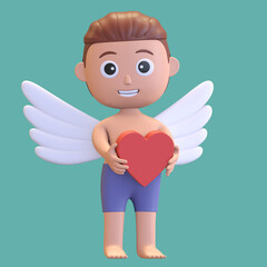 male cupid holding heart character valentine day love symbol 3d render illustration