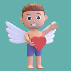 male cupid holding heart and waving hand character valentine day love symbol 3d render illustration