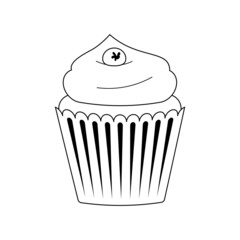 Black and white cupcake with blueberries in line style
