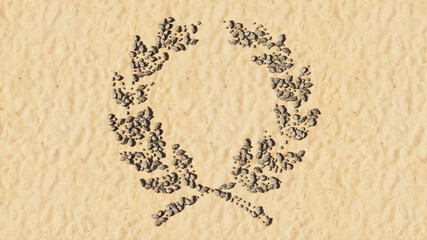 Concept conceptual stones on beach sand handmade symbol shape, golden sandy background, laurel wreaths sign. 3d illustration metaphor for victory, winning, success, achievement, triumph, celebration