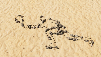 Concept conceptual stones on beach sand handmade symbol shape, golden sandy background, tennis player sign.  A 3d illustration metaphor for sport, competition, training,  relaxation, family and fun