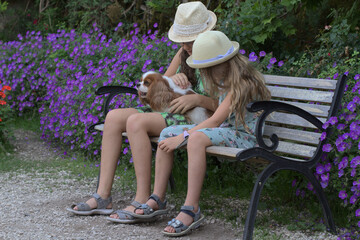 Two sister girls in straw hats are sitting on a bench with a dog king charles cavalier spaniel