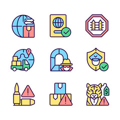 International trading RGB color icons set. Customs officer. Smuggling tunnel. Border security. Isolated vector illustrations. Simple filled line drawings collection. Editable stroke. Pixel perfect