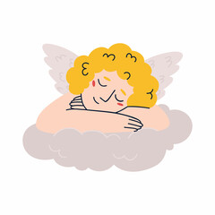 cute little angel sleeps on a cloud. Cupid.  St. Valentine's Day. blond angel with wings. vector illustration isolated on white background