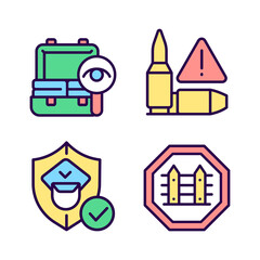 Obraz premium Checkpoint examination RGB color icons set. Border security. Weapon illegal moving prevention. Isolated vector illustrations. Simple filled line drawings collection. Editable stroke. Pixel perfect