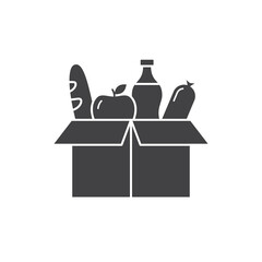 Grocery Food in cardboard box icon isolated on white background. Vector flat illustration