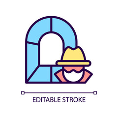 Obraz premium Smuggling tunnel RGB color icon. Secret passage. Underground country border trespassing. Isolated vector illustration. Simple filled line drawing. Editable stroke. Pixel perfect. Arial font used