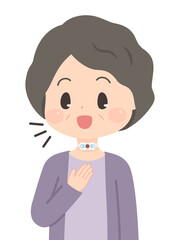 気管カニューレを装着した高齢女性のイラスト_スピーチカニューレ