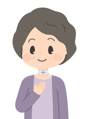 気管カニューレを装着した高齢女性のイラスト_カフなし