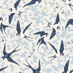 Barn Swallow bird fly with forget-me-not flowers and butterflies vector seamless pattern. Vintage romantic nature hand drawn print. Cottage core aesthetic background.