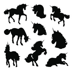 Vector unicorn silhouette. Unicorn silhouette isolated on white. Unicorn head, prancing unicorn, cutout clip art. - 480967223