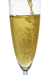 Gas bubbles in a glass of champagne and pouring champagne. Isolated on a white background