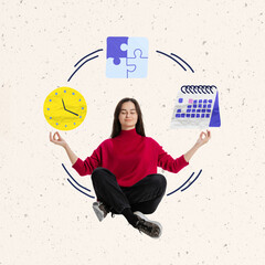 Contemporary art collage. young girl, office worker sitting in yoga pose and meditating with time...