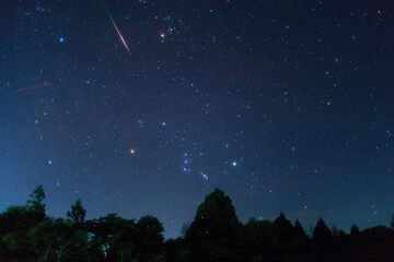 夏、夜明け前にオリオン座に向かって飛ぶペルセウス座流星群