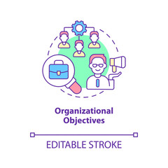 Organizational objectives concept icon. Planning, management. Human resources abstract idea thin line illustration. Isolated outline drawing. Editable stroke. Roboto-Medium, Myriad Pro-Bold fonts used