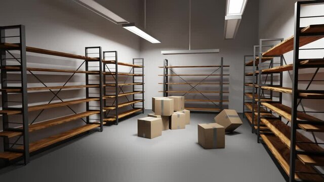 3d animation warehouse with pile stacked cardboard boxes and empty racks. Storage room interior with goods, cargo or parcels, wooden shelves on metal base. Storehouse in store, garage or market