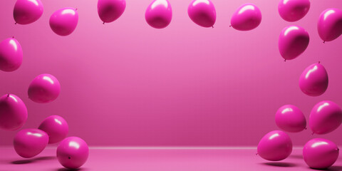 Pink party balloons fly on pastel studio background. Valentines day, wedding, birthday,...