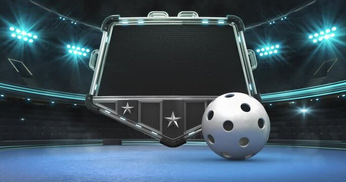 Rolling white floorball ball and steel shield with empty space for advertisement text. Blue floor and illuminated sport arena with light flashes. Two 4K video parts of loopable sport intro.